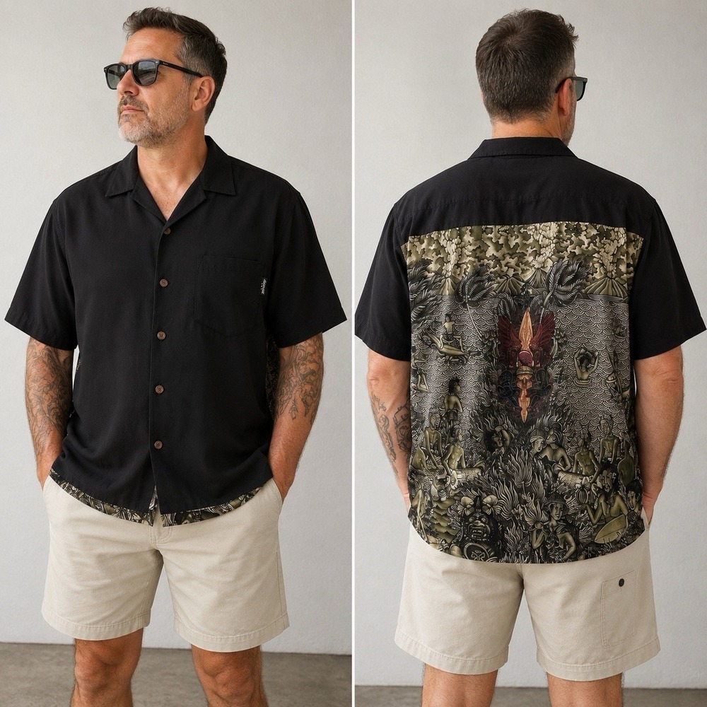 Vintage Rietveld USA Hawaiian Shirt -Men's LARGE- Black Dressy Resort Comfy EUC!